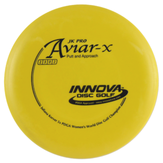 JK Aviar from Innova in yellow plastic with black stamp. The JK Pro Aviar is a great disc disc for putting. Perfect Putter for disc golf.